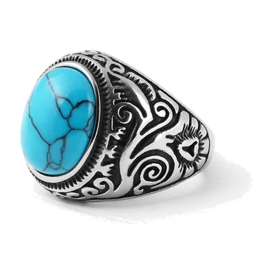 Herren Siegelring mit blauem Stein und Ornamenten, Edelstahl