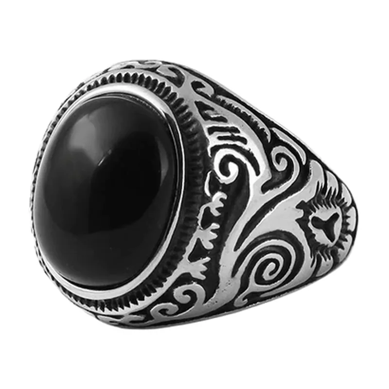 Anello Sigillo con Pietra Nera e Ornamenti, Acciaio Inossidabile