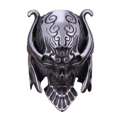Gotischer Totenkopf-Maskenring mit Gravuren, Edelstahl