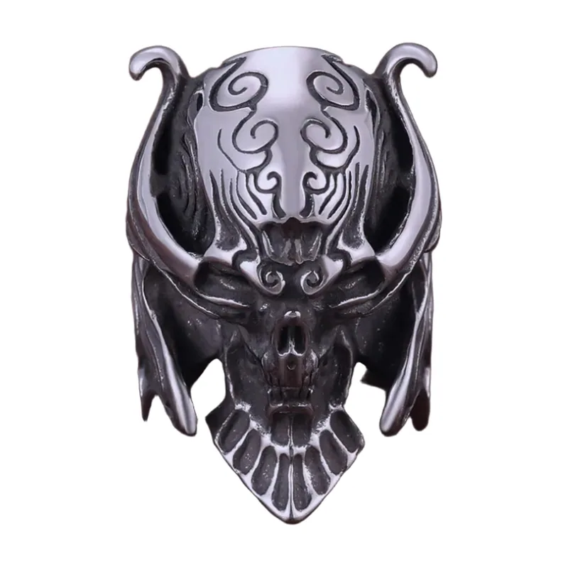 Gothic Skull Mask Ring with Intricate Engravings, Stainless Steel
