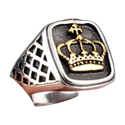 Anillo Sello con Motivo de Corona, Acero Inoxidable
