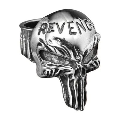Anillo Sello de Calavera con Grabado Revenge, Acero Inoxidable