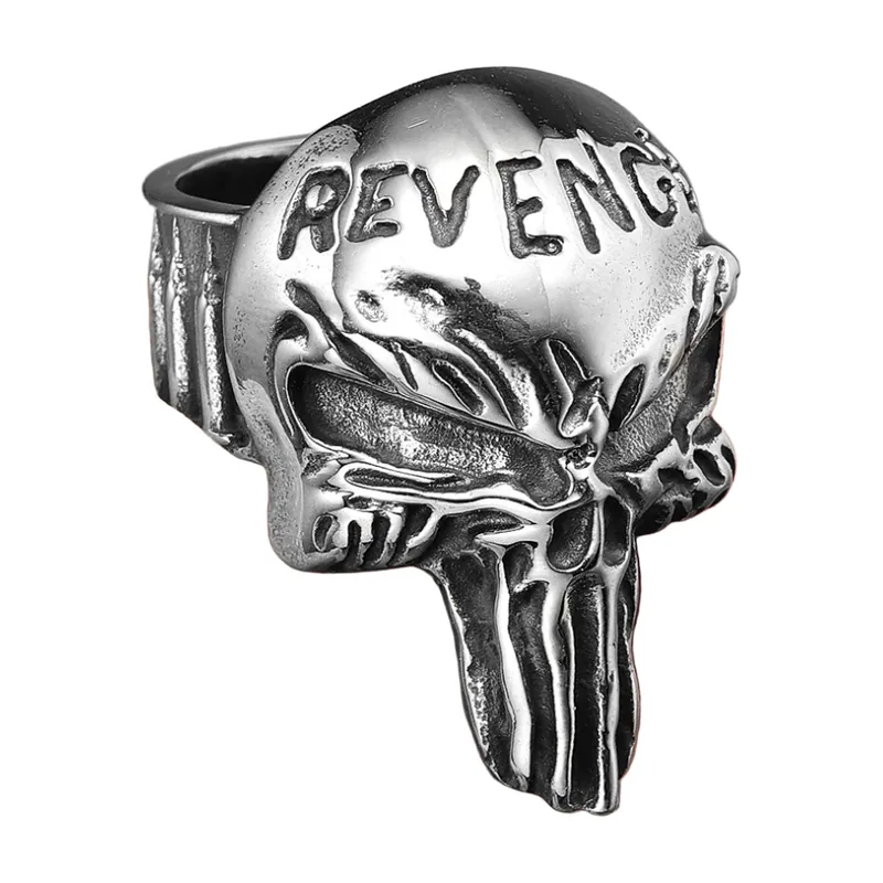 Anello Sigillo con Teschio e Incisione Revenge, Acciaio Inox