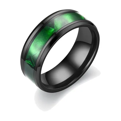 Anillo negro con incrustación de abalona verde, Acero Inoxidable