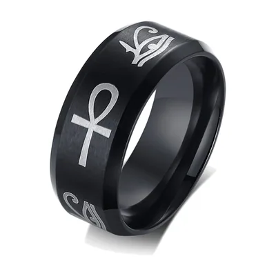 Anillo Egipcio con Ankh y Ojo de Horus, Acero Inoxidable Negro