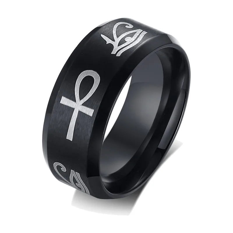 Bague Égyptienne Ankh et Œil d'Horus, Acier Inoxydable Noir