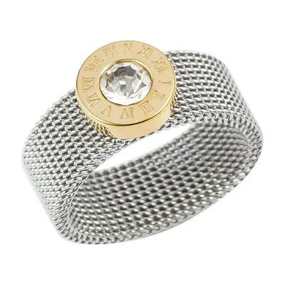 Roman Numeral Ring with Cubic Zirconia, Stainless Steel Mesh Band