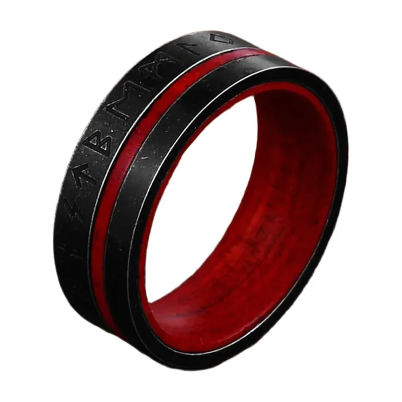 Anillo de Runas Vikingas con Incrustación Roja, Acero Inoxidable