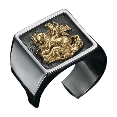 Anillo Sello de San Jorge y el Dragón, Acero Inoxidable 316L