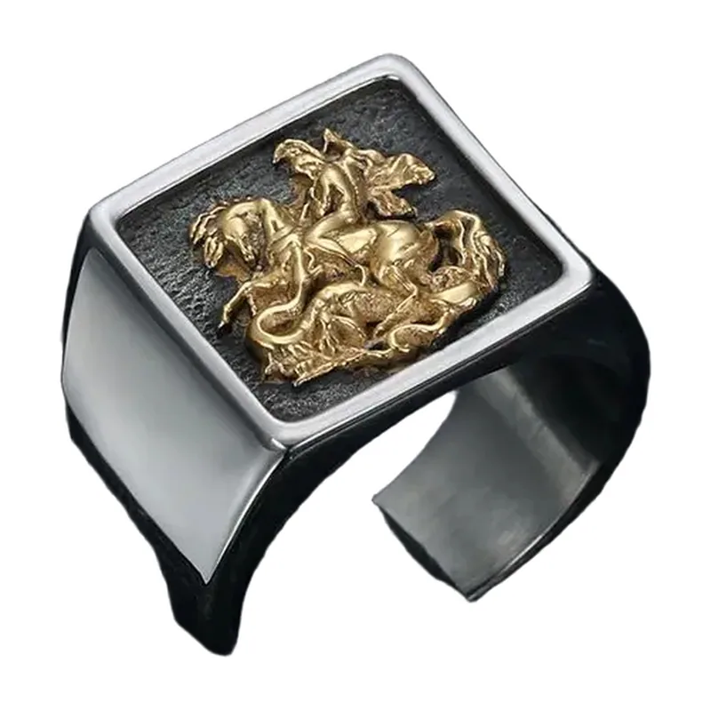 Anello Sigillo San Giorgio e il Drago, Acciaio Inossidabile 316L