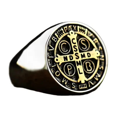 Anillo de Sello con Cruz e Inscripciones Latinas, Acero Inoxidable