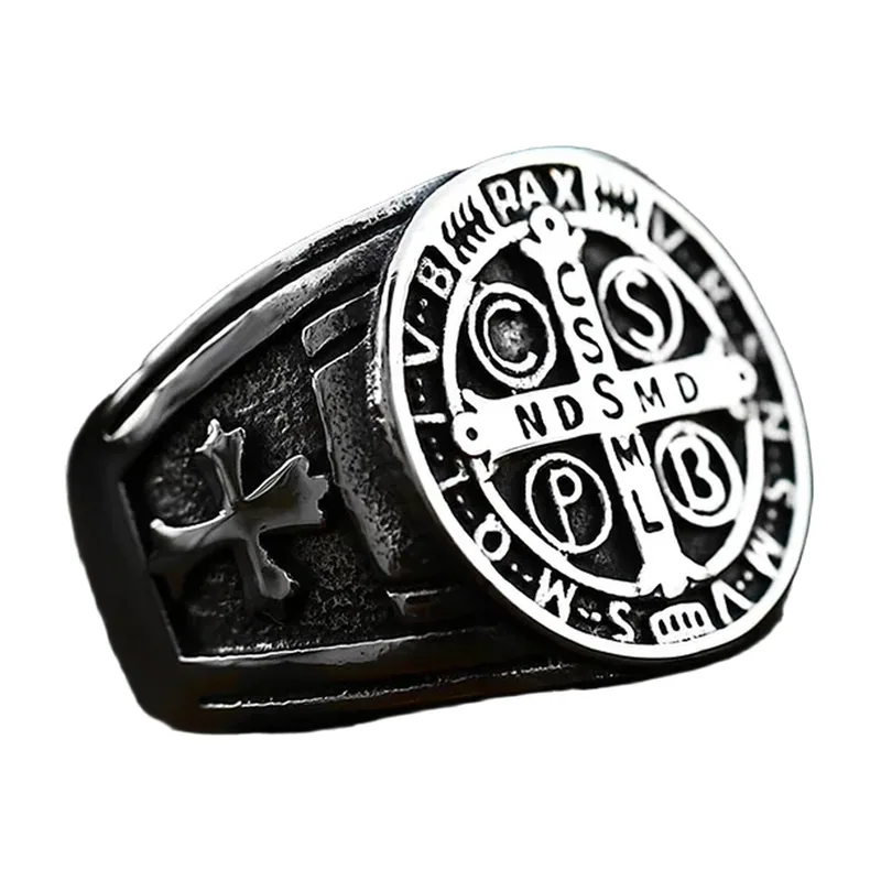 Chevalière Religieuse à Croix Gravée, Acier Inoxydable