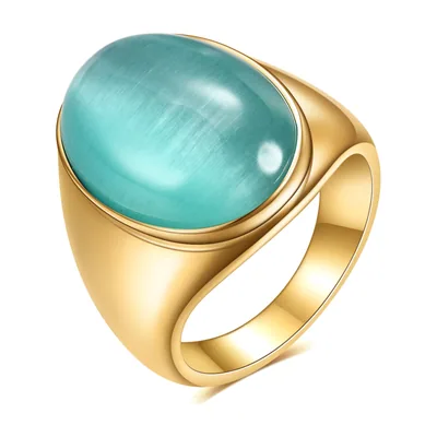 Anillo Sello Ovalado con Piedra Ojo de Gato Azul, Acero Inoxidable