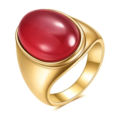 Anillo Sello con Piedra Ojo de Gato Roja, Acero Inoxidable