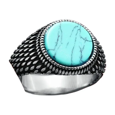Anillo sello ovalado con piedra azul turquesa, acero inoxidable