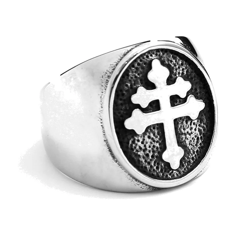 Anillo Sello con Cruz de Lorena, Acero Inoxidable