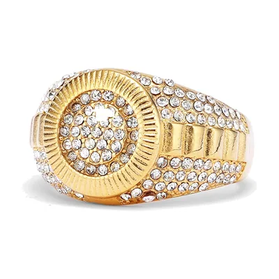 Anillo Sello Redondo con Circonitas Transparentes, Acero Inoxidable