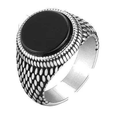 Round Signet Ring with Black Stone and Scale Motif, Stainless Steel