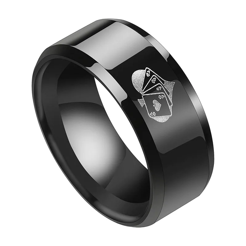 Anillo con Motivo de Cartas de Juego, Acero Inoxidable Negro Pulido