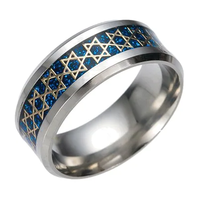 Anillo Estrella de David con Circonitas Azules, Acero Inoxidable