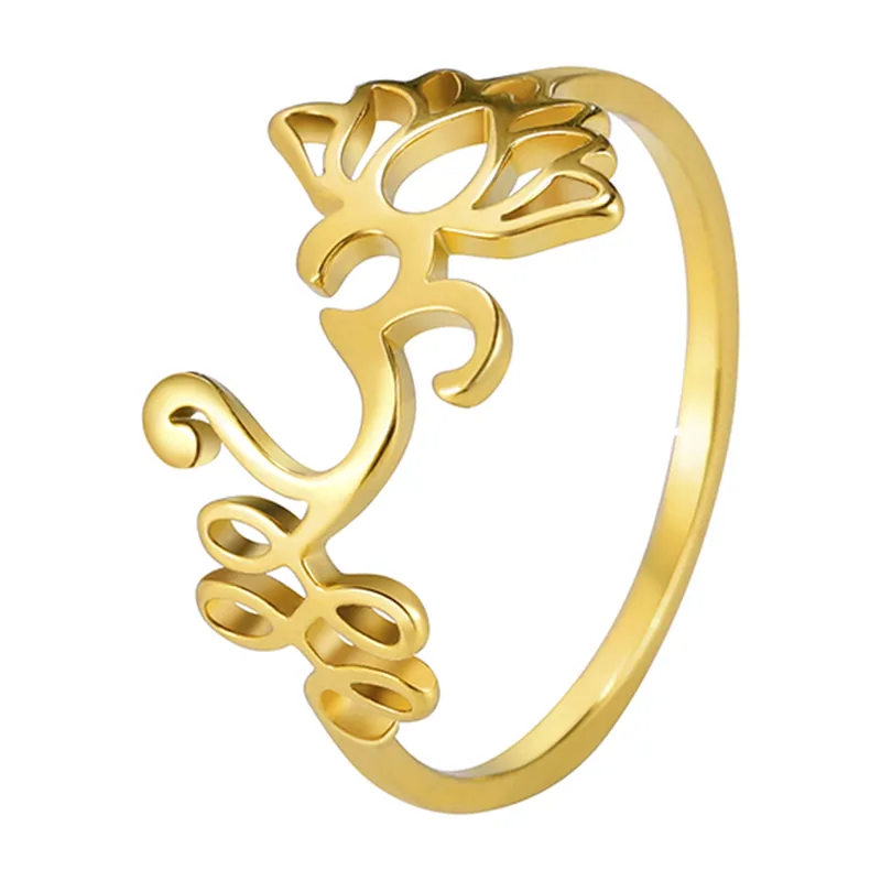 Bague Om avec Fleur de Lotus, Acier Inoxydable