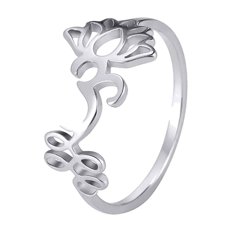 Om Chakra Lotus Flower Open Ring, Stainless Steel