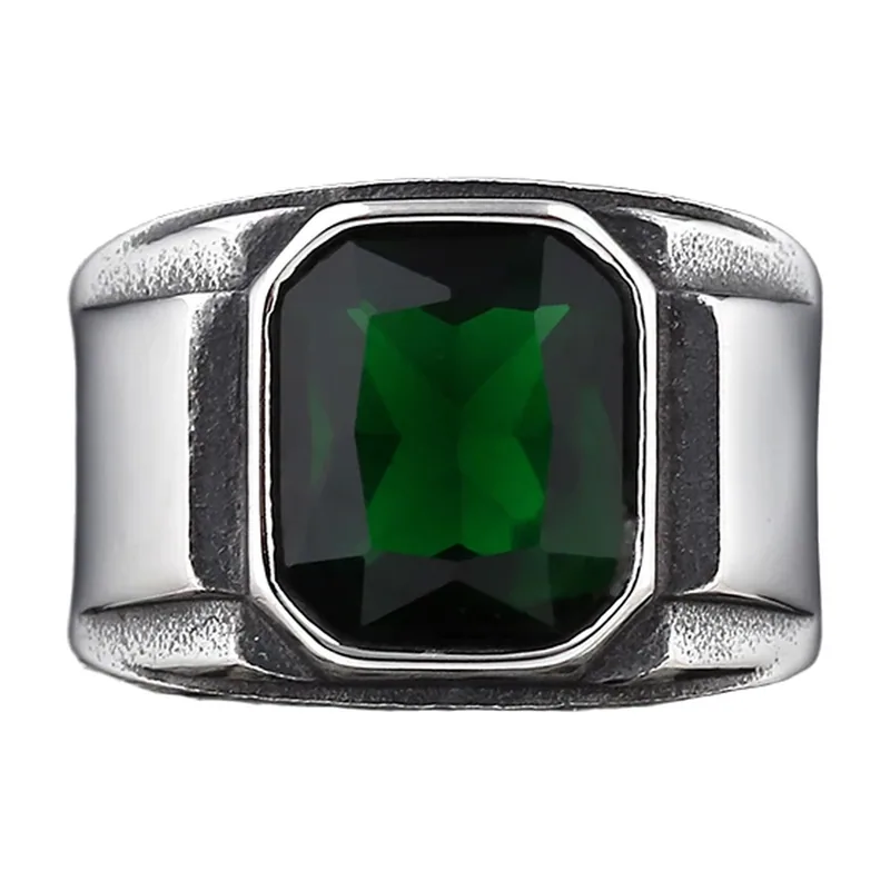 Gothic Square Signet Ring with Green Stone, Stainless Steel