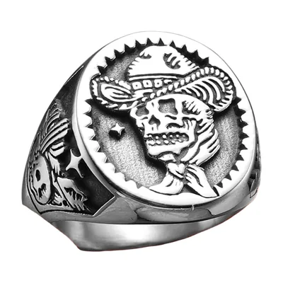 Herren Siegelring Cowboy-Totenkopf, 316L Edelstahl
