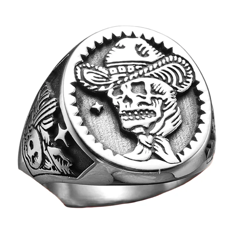Anello Sigillo Teschio Cowboy, Acciaio Inossidabile 316L