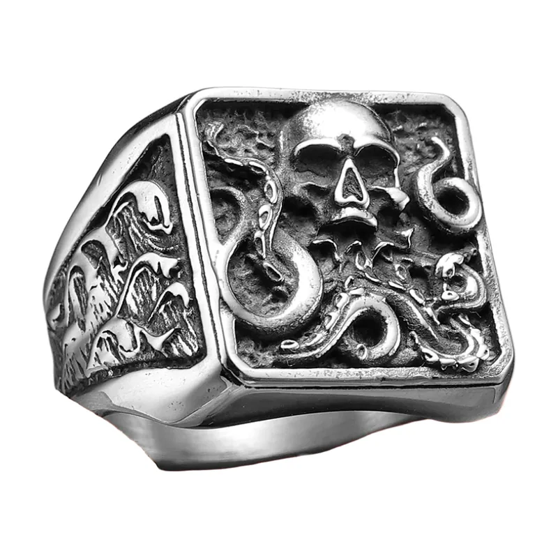 Anello Sigillo con Teschio e Serpente, Acciaio Inossidabile