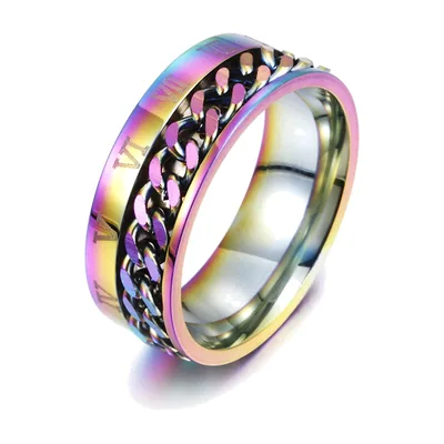 Rotierender Spinner-Ring mit römischen Ziffern und Kettendetail, Edelstahl