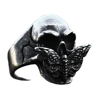 Anillo de Calavera con Mariposa, Acero Inoxidable Acabado Antiguo