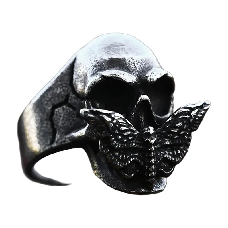 Bague Totem Crâne et Papillon, Acier Inoxydable Finition Antique