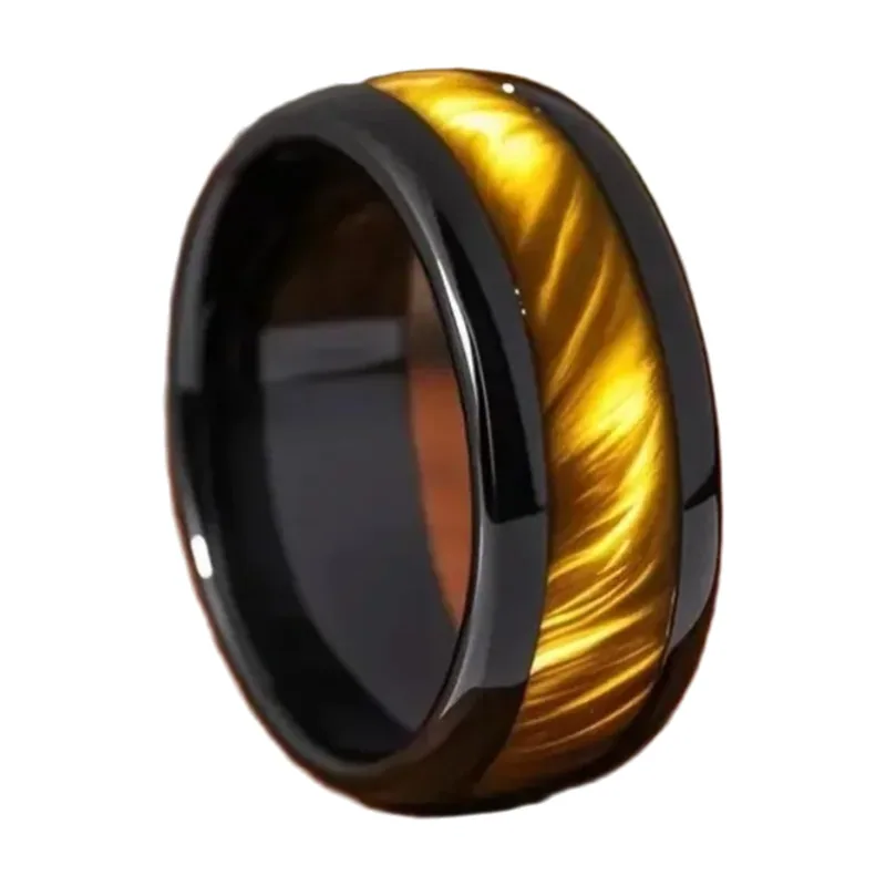 Bague Alliance Noire avec Incrustation Dorée, Acier Inoxydable