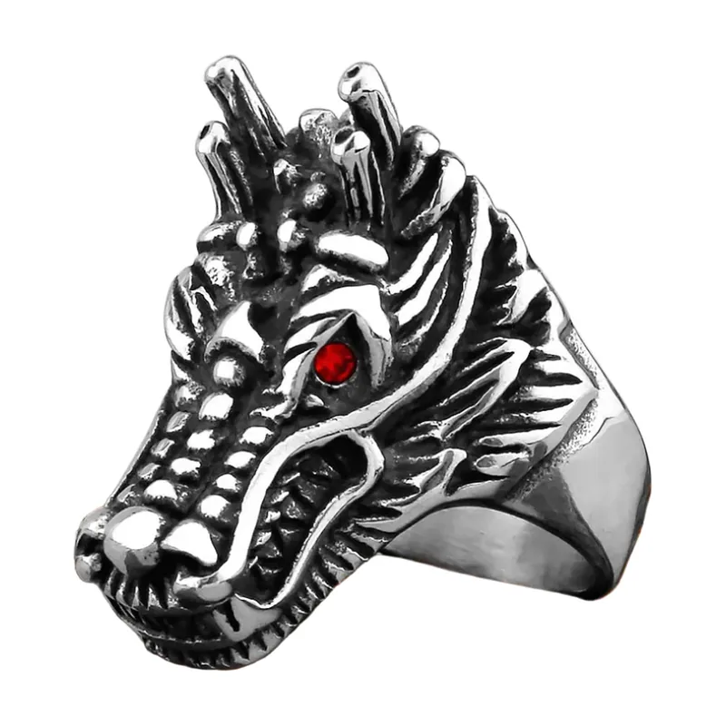 Drachenkopf-Ring mit rotem Stein, 316L Edelstahl