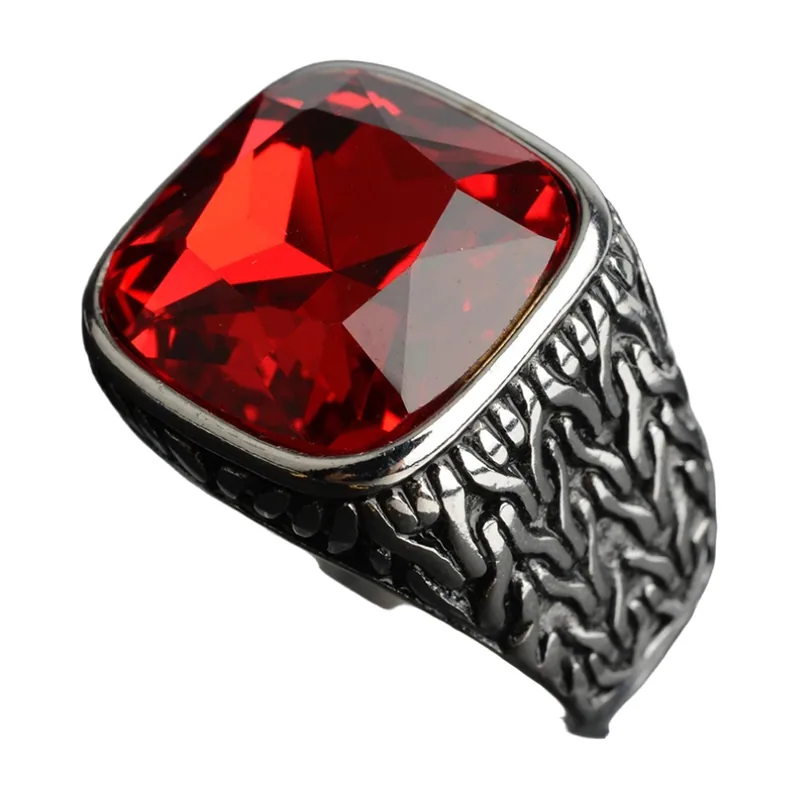Chevalière Carrée avec Pierre Rouge, Acier Inoxydable