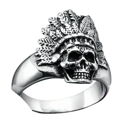 Anillo de Calavera con Tocado Nativo Americano, Acero Inoxidable
