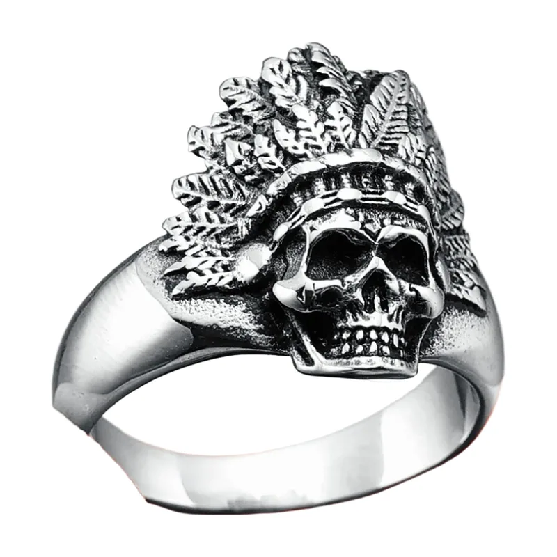 Bague Totem Crâne avec Coiffe Amérindienne, Acier Inoxydable