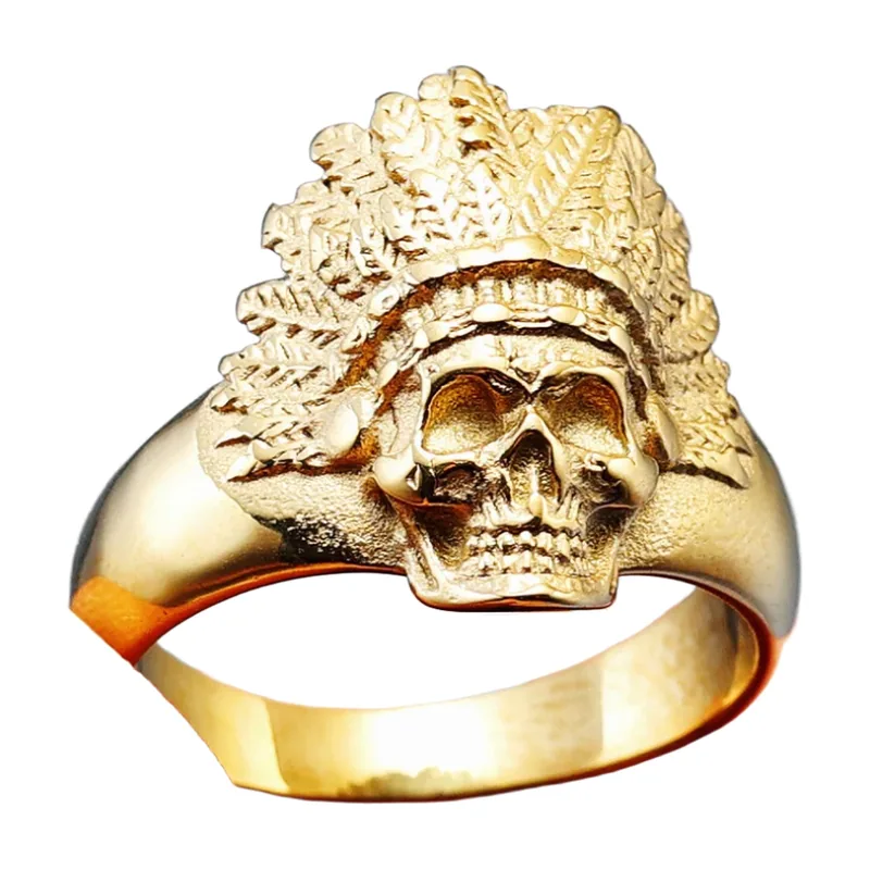 Totenkopf-Ring mit indianischem Kopfschmuck, Edelstahl
