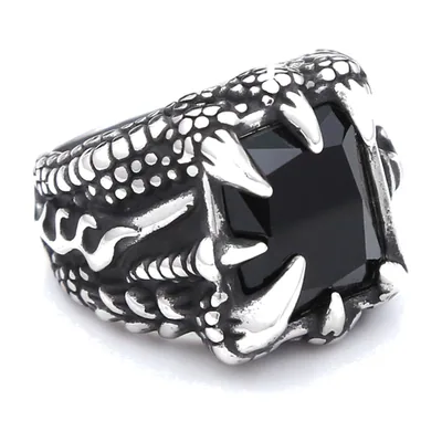 Dragon Claw Ring with Black Stone, Stainless Steel