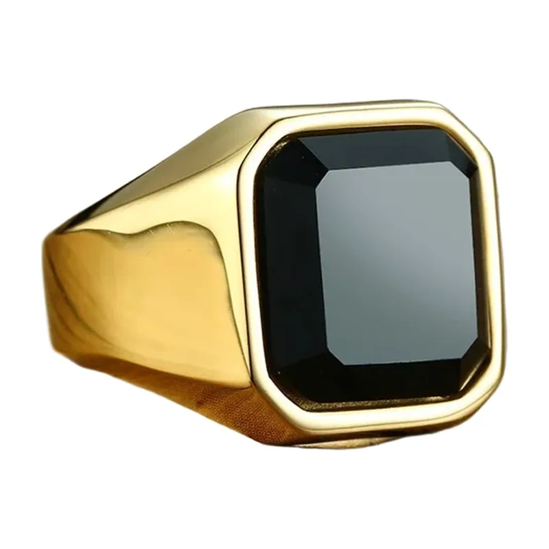 Square Signet Ring with Black Stone, Stainless Steel