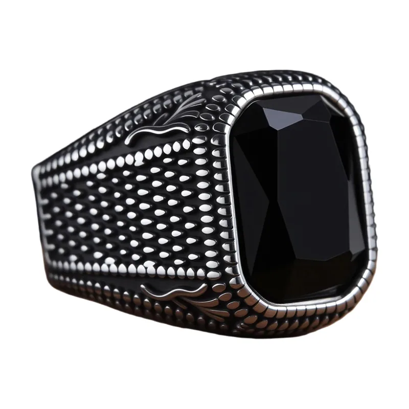 Anillo Sello Rectangular con Circonia Negra, Acero Inoxidable