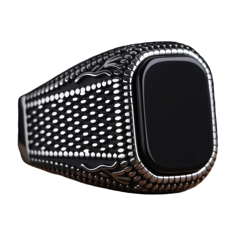 Square Signet Ring with Black Stone, Stainless Steel