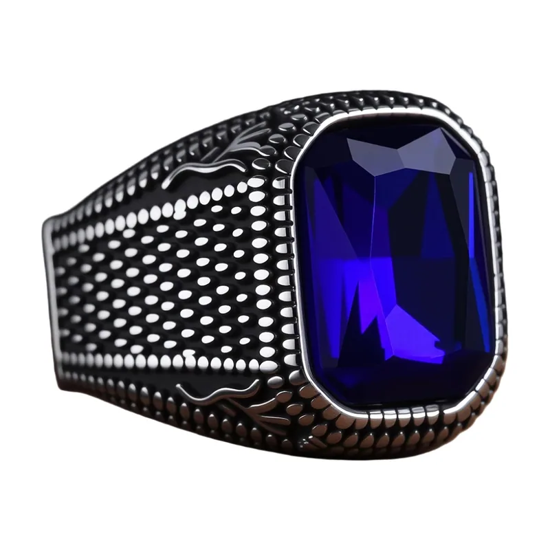 Rectangular Signet Ring with Blue Stone, Stainless Steel