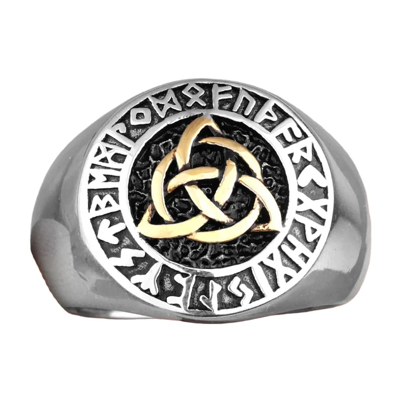 Anello Sigillo con Nodo Celtico e Rune, Acciaio Inossidabile