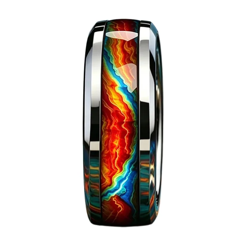 Bague avec incrustation effet flamme multicolore, Acier Inoxydable