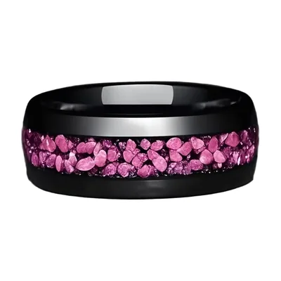 Bague noire avec pierres roses, acier inoxydable
