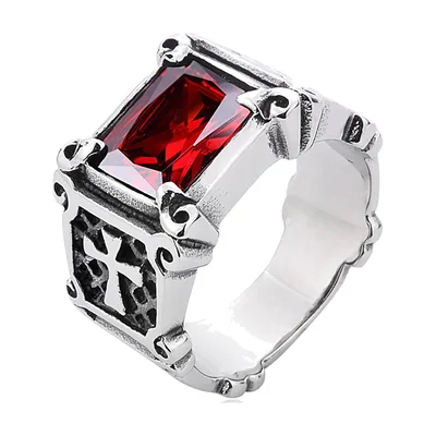 Anillo Sello con Piedra Roja y Motivo de Cruz, Acero Inoxidable