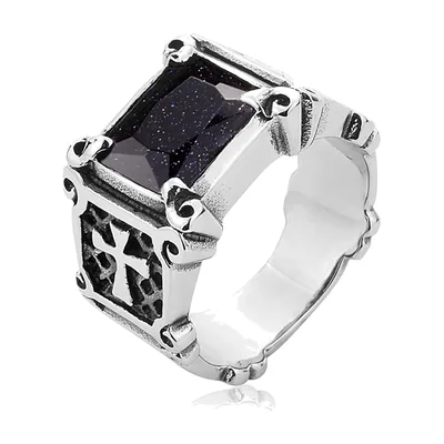 Anillo sello cuadrado con piedra negra y motivo de cruz, acero inoxidable