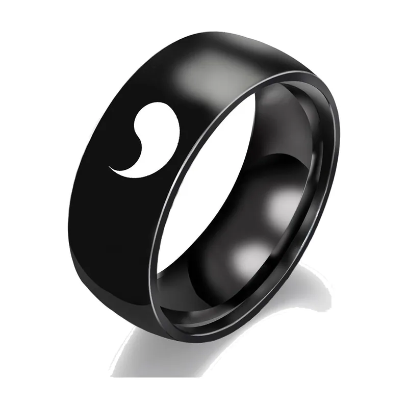 Yin Yang Symbol Band Ring, Black Stainless Steel